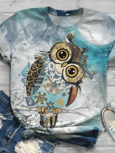 Vintage Owl Print Crewneck T-Shirt