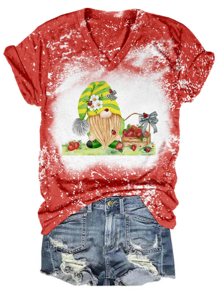 Ladybug Strawberry Gnome Tie Dye V Neck T-Shirt