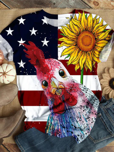 Rooster Sunflower American Flag Crew Neck T-shirt