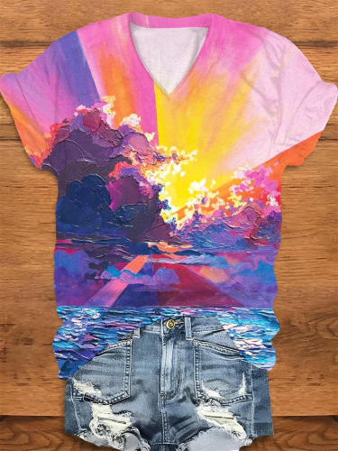 Sunset Oil Painting Print V-Neck T-Shirt