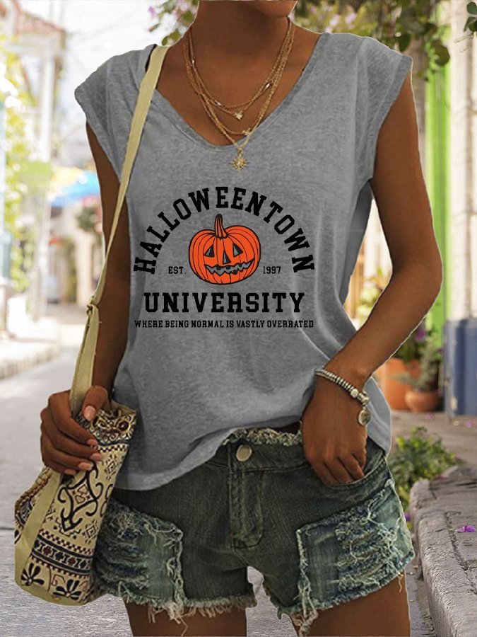 Women's Halloween Print Sleeveless V-Neck T-Shirt