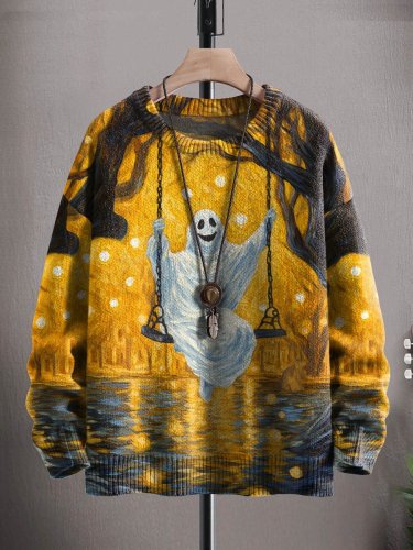 Unisex Art Ghost Halloween Print Casual Knit Sweatshirt