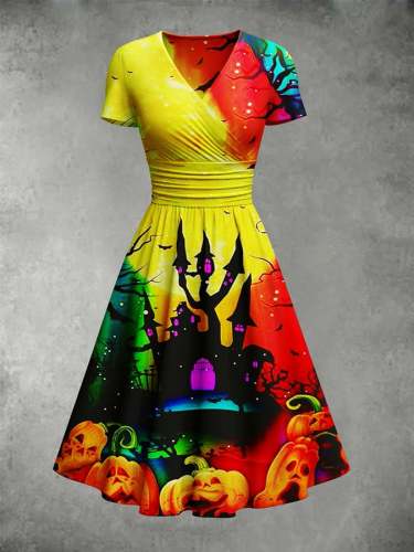 Stylish Halloween Ghost Print Swing Dress