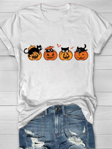 Women's Black Cat and Pumpkin Too Spooky Halloween Casual Print T-shirt