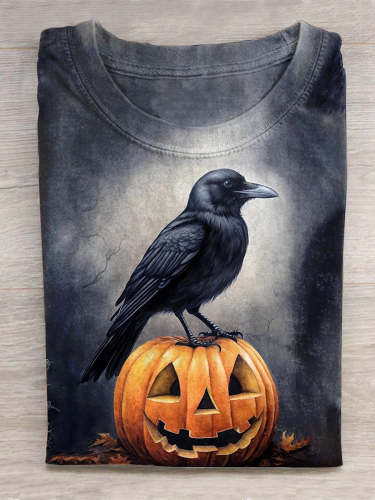 Unisex Halloween Raven Print Casual T-Shirt
