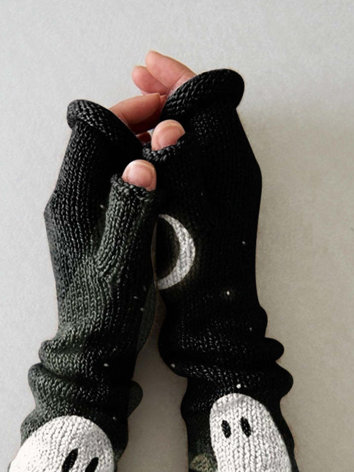 Night Ghost Warming Print Knit Fingerless Gloves