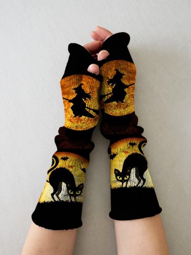 Halloween Cat Witch Art Print Knit Fingerless Gloves