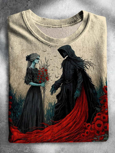 Halloween Ghost Skull Grim Reaper Romantic Rose art T-shirt