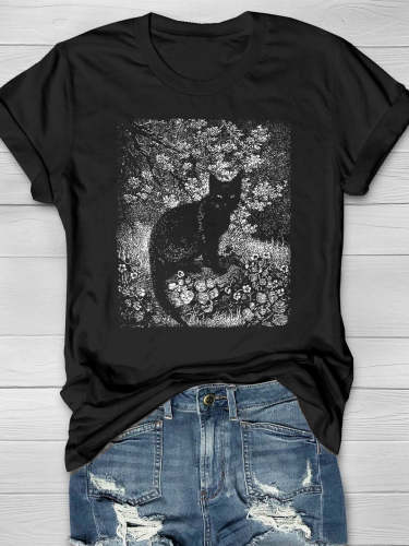 Women's The Witch Vintage Lionel Lindsay Engraving Black Cat Halloween Casual Print T-shirt