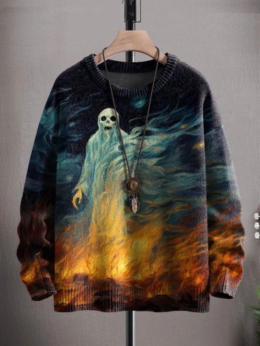 Unisex Art Ghost Halloween Print Casual Knit Sweatshirt