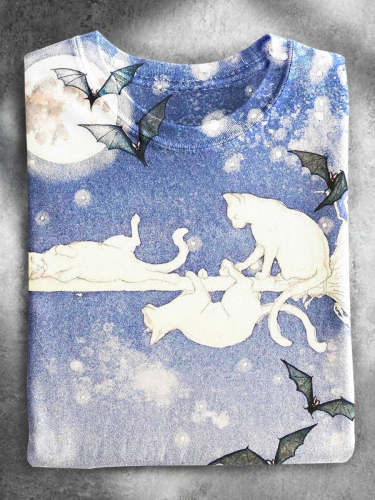 White Cat Bat Broom Fly Halloween Casual Print T-shirt
