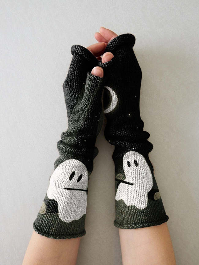 Night Ghost Warming Print Knit Fingerless Gloves
