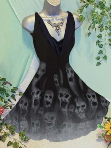 Women's Dark Style Ghost Print Swing Collar Dress