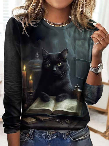 Women's Halloween Cat Print Casual Round Neck Long Sleeve Top