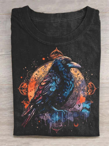 Halloween Raven Watercolor Print Casual T-Shirt