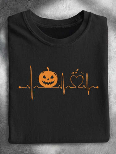 Halloween Pumpkin Heart Rate Pattern Casual Print T-shirt