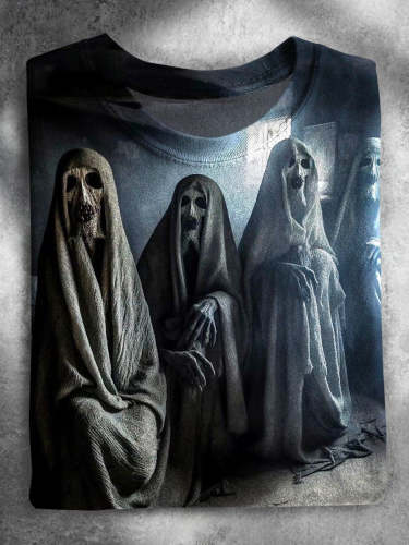 Ghost Cloak Chant Skeleton Halloween Casual Print T-shirt