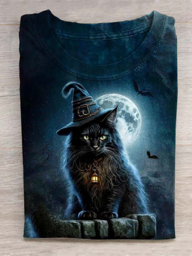 Halloween Cat Art Print Casual T-Shirt