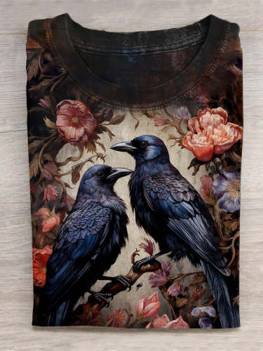 Unisex Halloween Raven Floral Print Casual T-Shirt