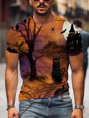 Men's Halloween Black Cat Pumpkin Bat Castle Casual T-Shirt