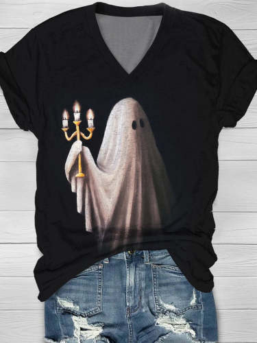 Women's Halloween Ghost Retro Holding Candles Casual T-shirt