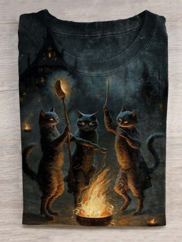Unisex Women's Halloween Cat Art Print Casual T-Shirt