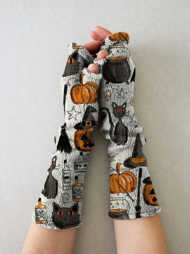 Halloween Cat Art Print Knit Fingerless Gloves
