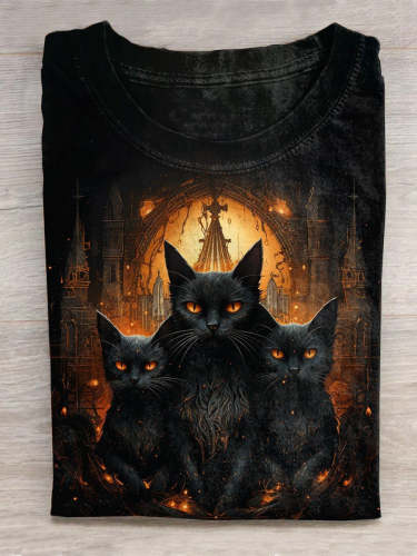 Unisex Halloween Cat Print Casual T-Shirt