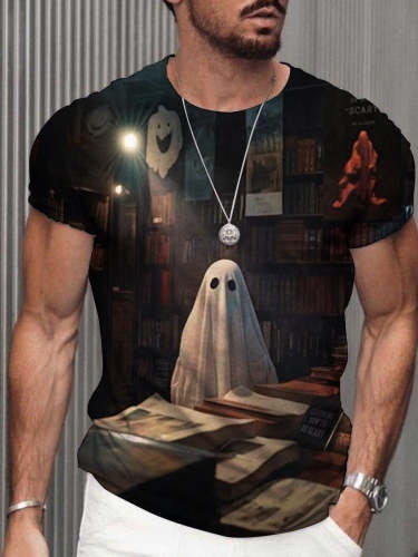 Men's Bookstore Ghost Art Dark Academia Learning How To Be Scary Creepy Horror Spooky Cute Alt Wall Art Fun Goth Halloween Casual T-Shirt