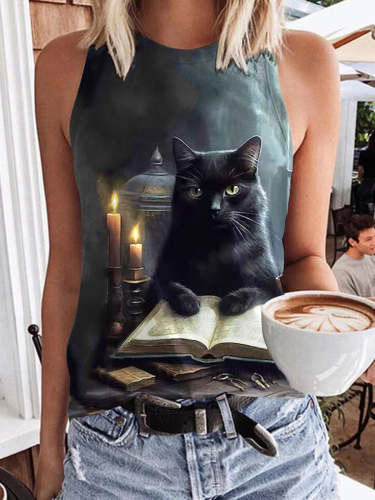 Women's Halloween Cat Print Casual Tank Top