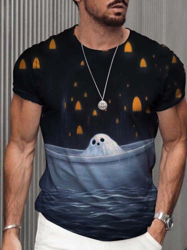 Men's Ghost In Bath Oil Painting Fine Art Print Dark Academia Ghost Art Halloween Casual T-Shirt