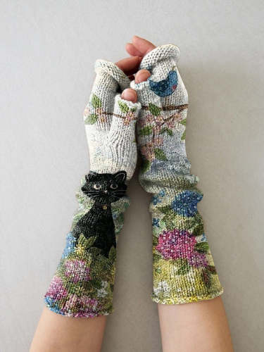 Christmas Retro Cat Flowers Print Knit Fingerless Gloves