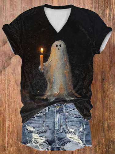 🔥BUY 3 GET 10% OFF🔥V-neck Retro Ghost Painting Candle Print T-Shirt