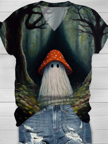 Women's Halloween Ghost In The Forest Vintage Mushroom Casual T-shirt