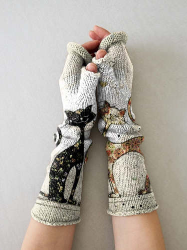Knit Vintage Black White Cat Hug Art Printing Fingerless Gloves