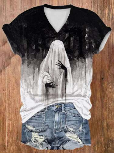 Women's Vintage Ghost Art Short Sleeve V Neck T-Shirt