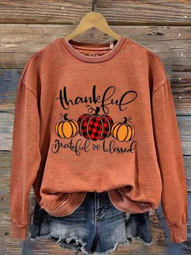 Women's Thanksgiving Thankful Grateful Blessed Printed Round Neck Long Sleeve Sweatshirt