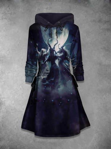 Women's Halloween Witch Print Long Sleeve Hooded Dress