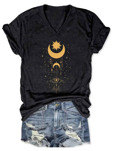 Women's Hallowen Sun and Moon Shirt All Seeing Eye Spiritual Shirts Witchy Clothing  V-Neck T-Shirt