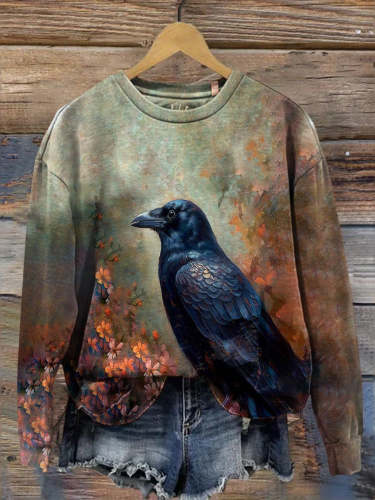 Women's Halloween Raven Print Casual Long Sleeve Sweatshirt