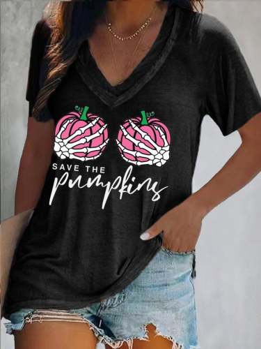 Women's Save The Pumpkins Breast Cancer Awareness Print V-Neck Top
