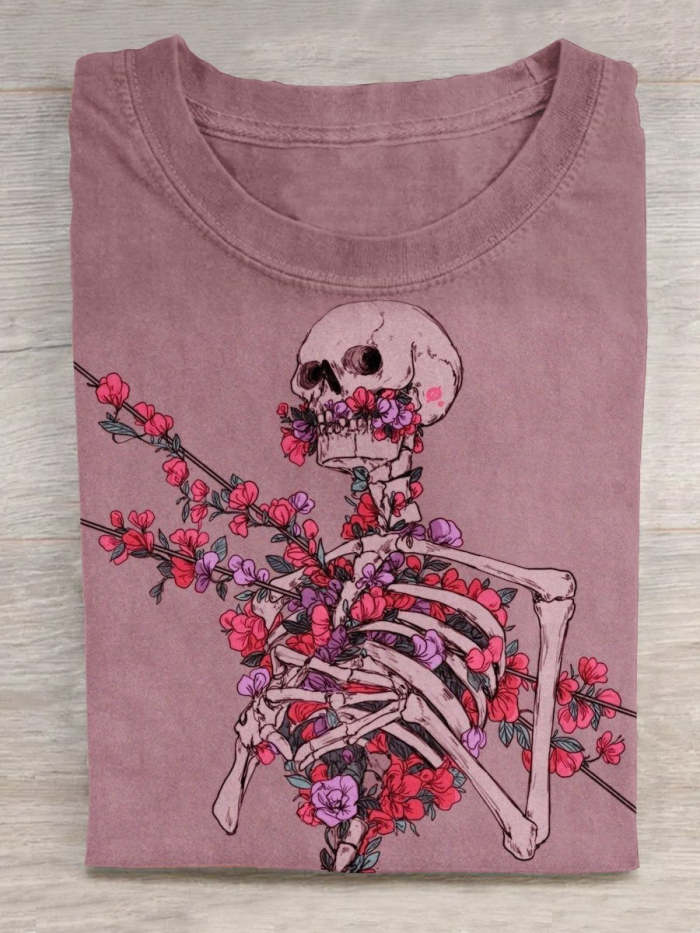 Unisex Halloween Retro Skull Flower Artistic T-shirt