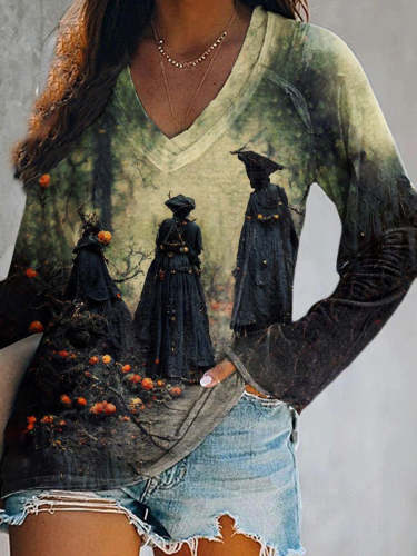 Women's Halloween Witch Print V Neck Casual Long Sleeve Top