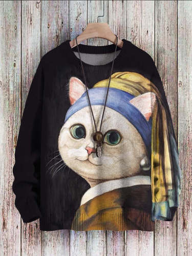 Cute Cat Art Print Casual Knit Pullover Sweatshirt