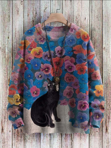 Vintage Cat Art Print Slouchy Knit Pullover Sweatshirt