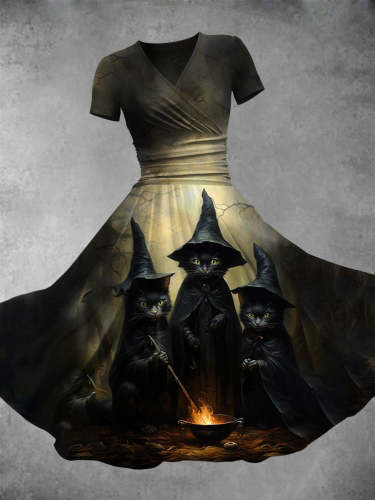 Women's Halloween Cat Print Casual Dress
