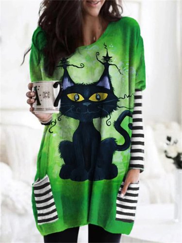 Women's Halloween Cat Art Print Casual Top