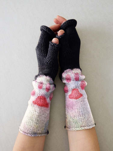 Cute Cat Paw Pink Pad Print Knit Fingerless Gloves