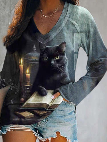 Women's Halloween Cat Print V Neck Casual Long Sleeve Top