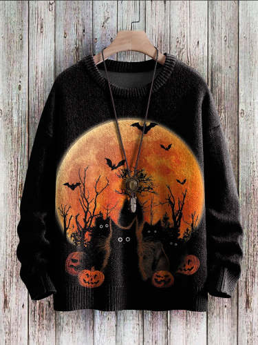 Unisex Halloween Cat Moon Bat Print Casual Sweatshirt